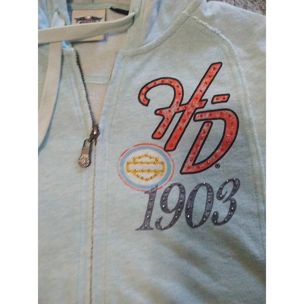 Harley-Davidson Rhinestone Hooded Jacket Blue Medium Motorcycle Y2K - Picture 12 of 15